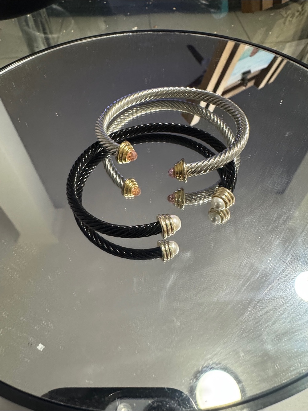 Twisted Cable Open Cuff Bracelet — Black & Silver with Gold Accents